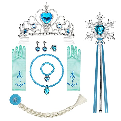 Vicloon Accessori Principessa, 8PCS Nuovi Costumi da Principessa, Biancaneve Bambina Costume con Principessa Corona, Principessa Bacchetta, 2 paia di guanti di diverso colore
