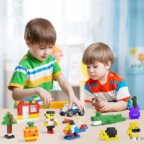 burgkidz Set di 520 mattoncini da costruzione, 500 mattoncini di base in 10 colori, con ruote, finestre e porte, blocco di massa con contenitore riutilizzabile per bambini, 4-8 anni, ragazzi e ragazze - immagine 5
