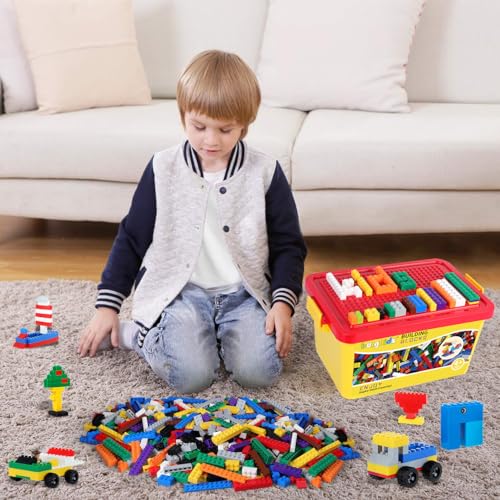 burgkidz Set di 520 mattoncini da costruzione, 500 mattoncini di base in 10 colori, con ruote, finestre e porte, blocco di massa con contenitore riutilizzabile per bambini, 4-8 anni, ragazzi e ragazze - immagine 7