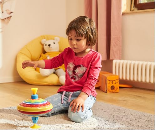 goki 53778, trottola colorata in lamiera, trotola colorata porta gioia e divertimento nella cameretta dei bambini, classica trotola con supporto, altezza 21 cm, a partire da 1 anno - immagine 3