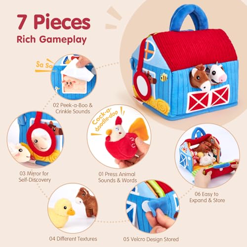 hahaland Giochi Bambini 1 Anno - Fattoria Sonora in Peluche, con 6 Animali Morbidi e Suoni Realistici, Gioco Educativo Bambino Montessori Sensoriale Regalo 6 12 18 Mesi - immagine 4