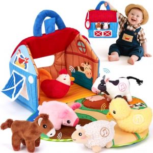 hahaland Giochi Bambini 1 Anno - Fattoria Sonora in Peluche, con 6 Animali Morbidi e Suoni Realistici, Gioco Educativo Bambino Montessori Sensoriale Regalo 6 12 18 Mesi